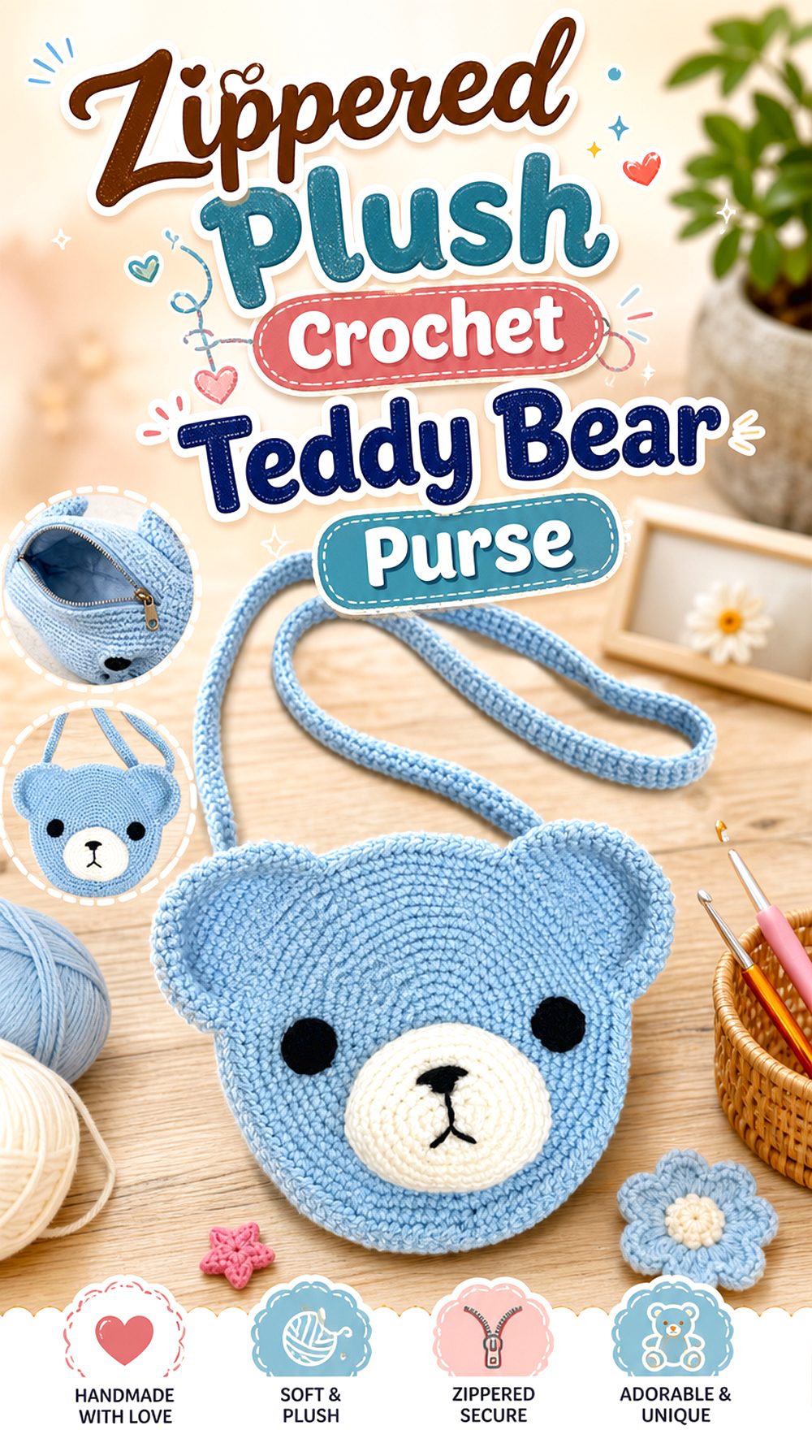 Zippered Plush Crochet Teddy Bear Purse