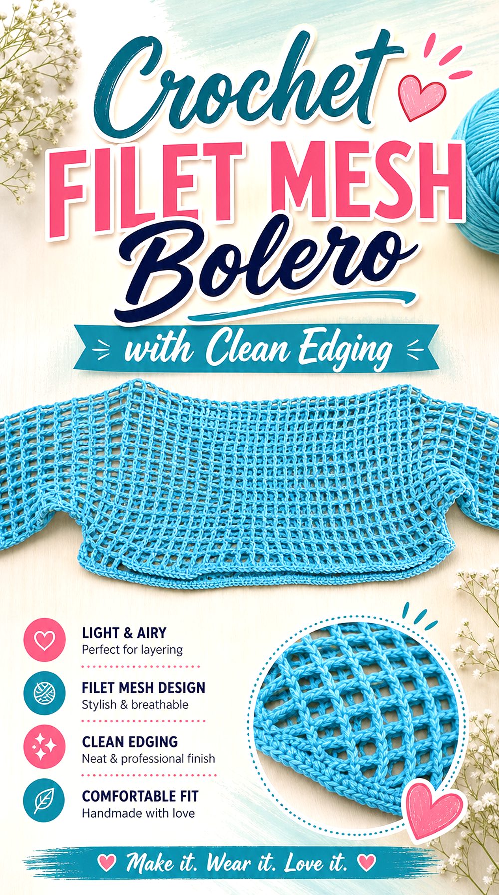 Crochet Filet Mesh Bolero with Clean Edging