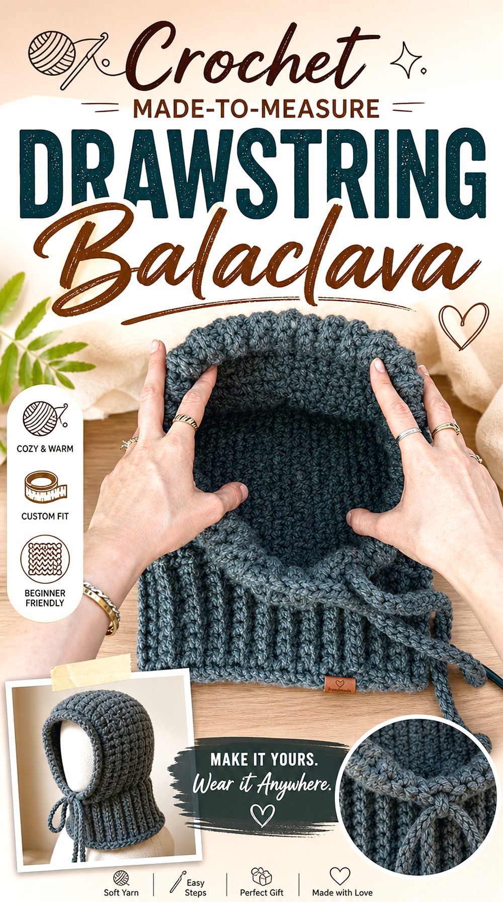 Crochet Made to Measure Drawstring Balaclava