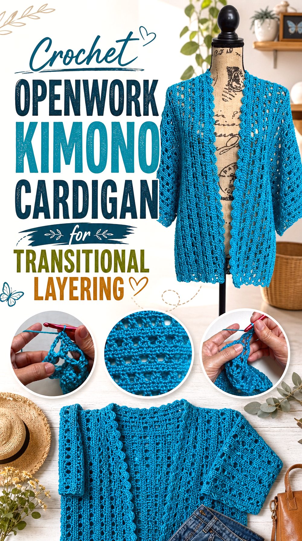 Crochet Openwork Kimono Cardigan for Transitional Layering