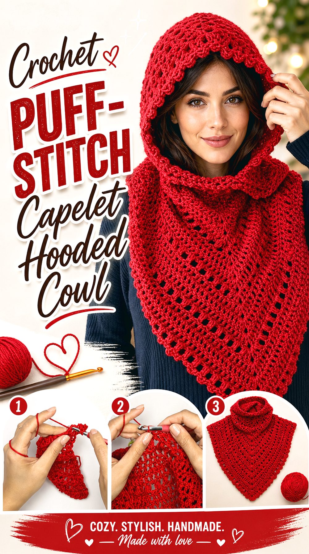 Crochet Puff Stitch Capelet Hooded Cowl