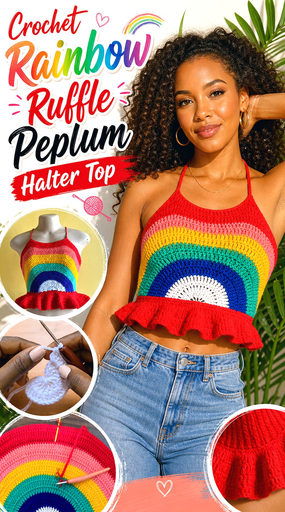 Crochet Rainbow Ruffle Peplum Halter Top