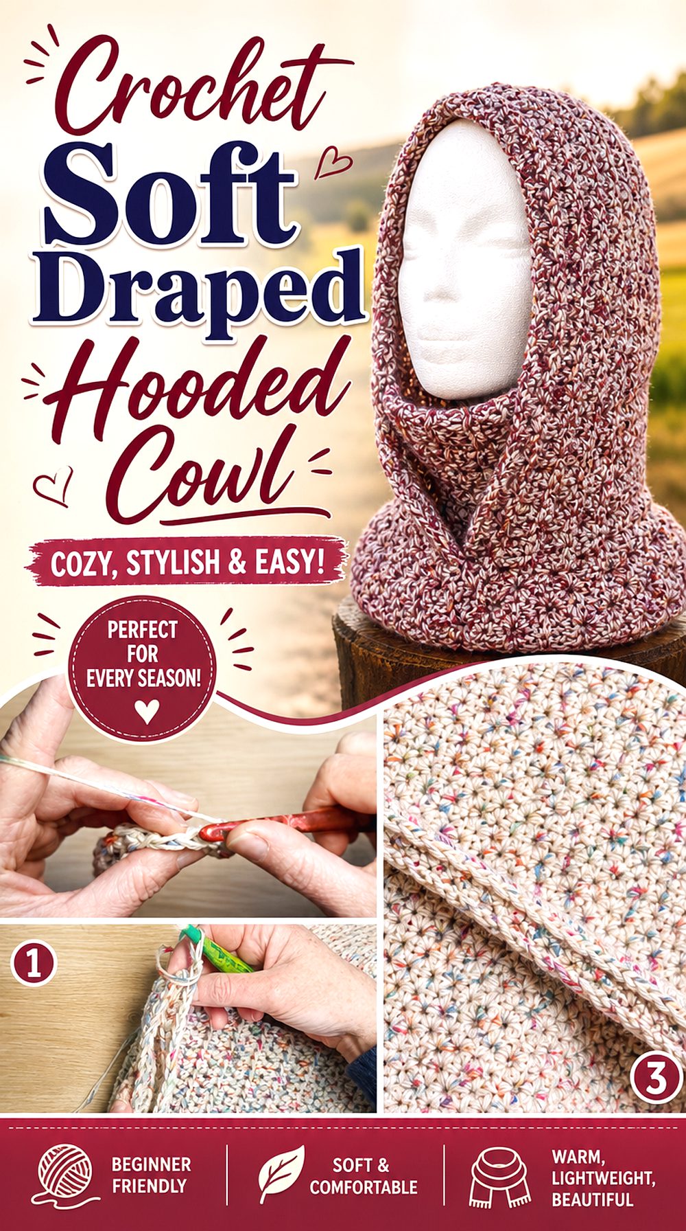 Crochet Soft Draped Hooded Cowl