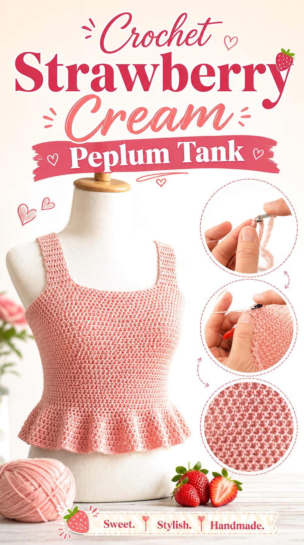 Crochet Strawberry Cream Peplum Tank