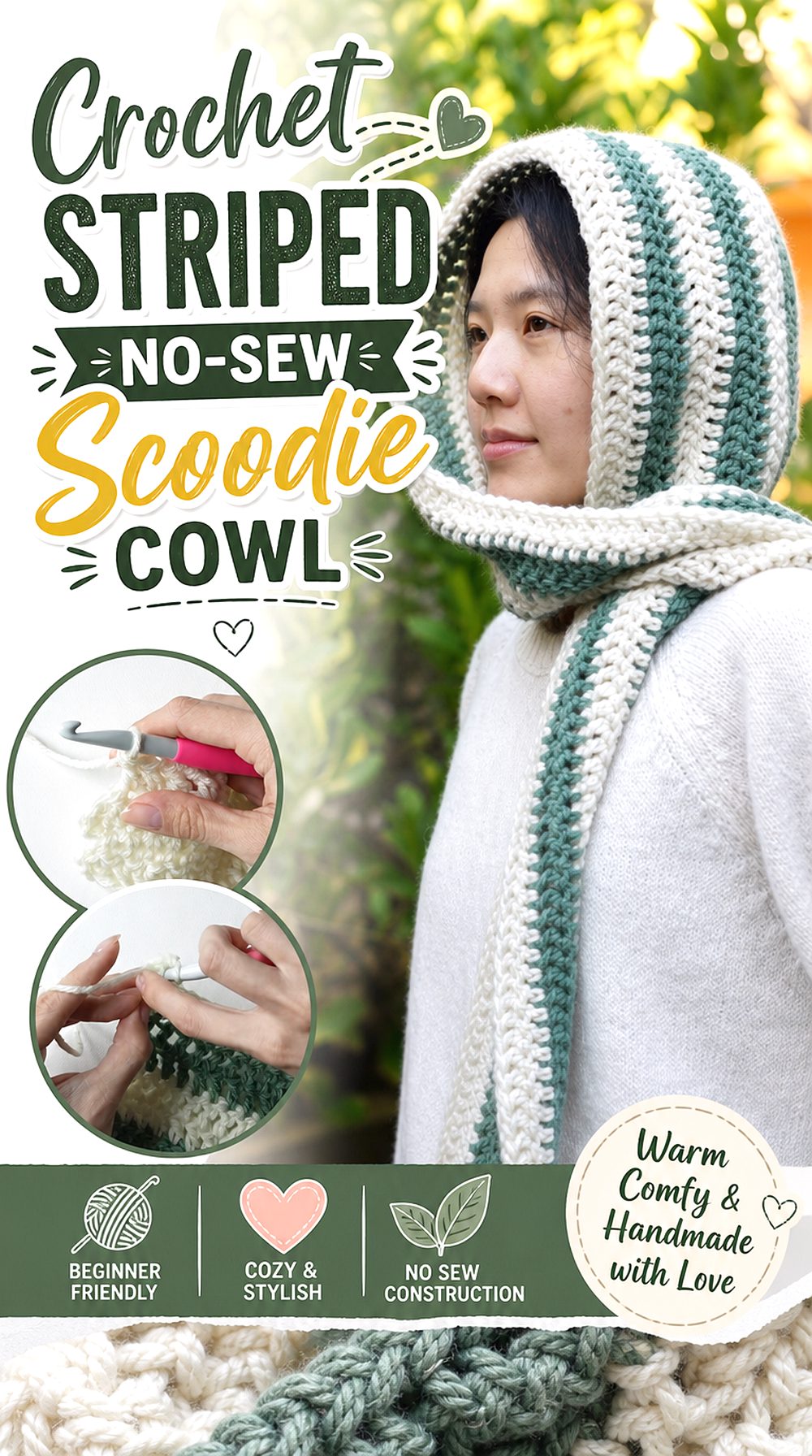 Crochet Striped No Sew Scoodie Cowl